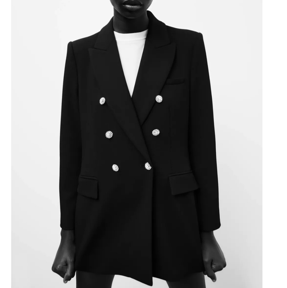 Zara Black Double Breasted Jewel Button Blazer Black